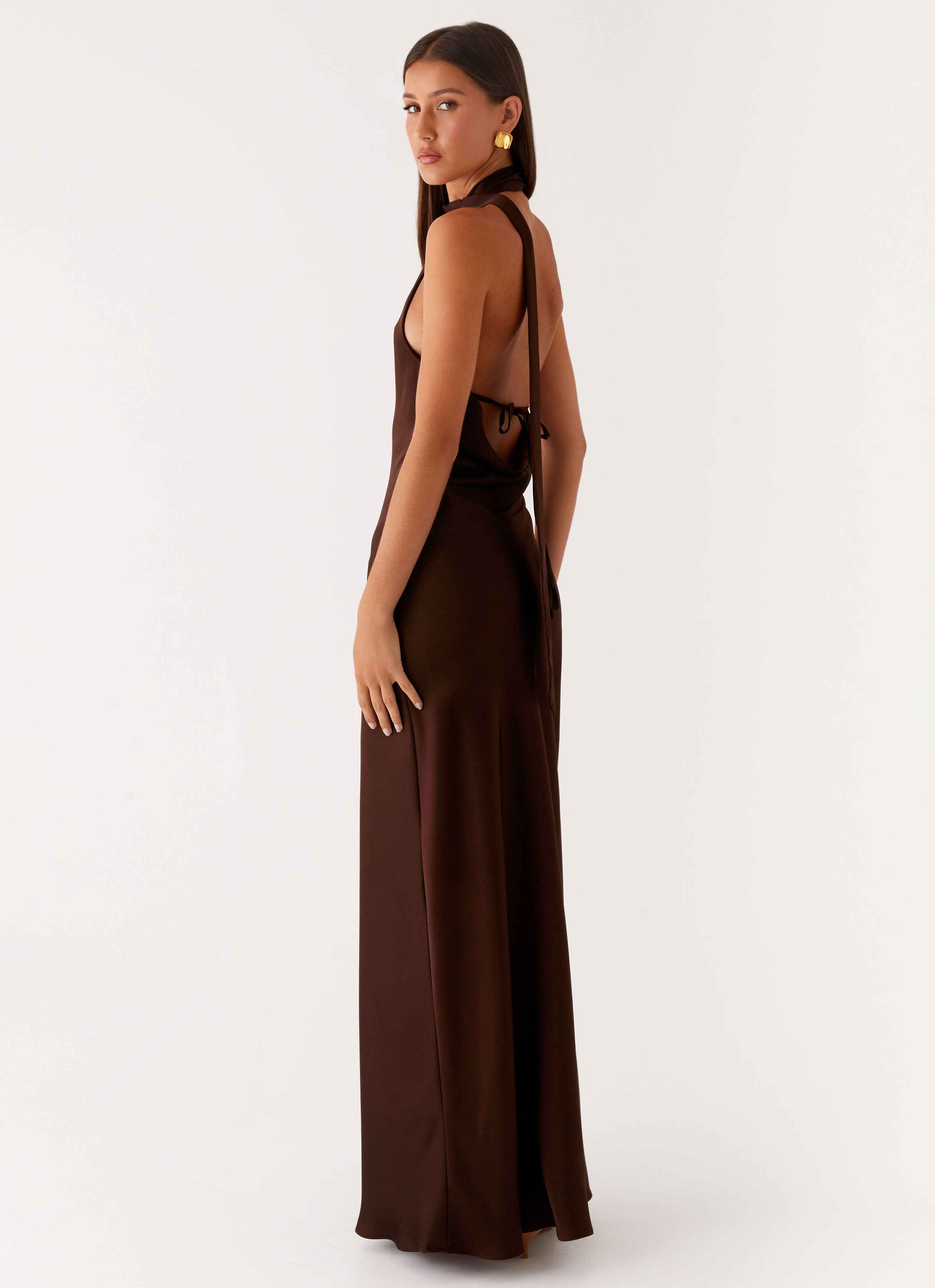 Keena Maxi Dress - Chocolate Satin Halter