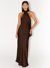 Keena Maxi Dress - Chocolate Satin Halter