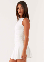 Kelda Mini Dress - White Ruched Drop Waist