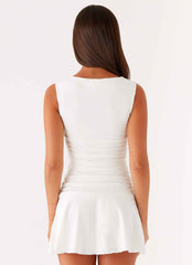 Kelda Mini Dress - White Ruched Drop Waist