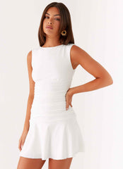 Kelda Mini Dress - White Ruched Drop Waist