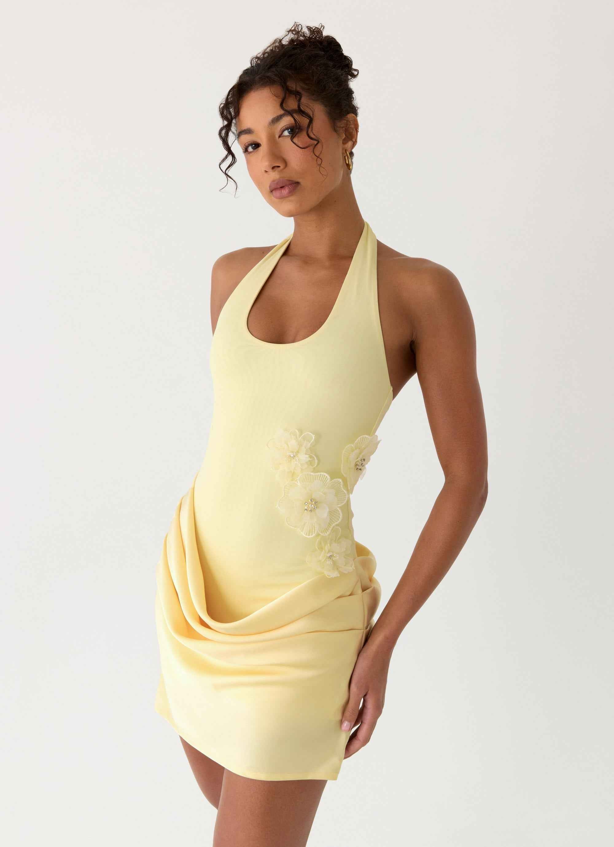 Kimana Mini Dress - Yellow Satin Halter