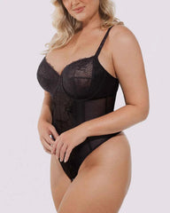 Lace Glamour Thong Bodysuit - Black Floral Lace