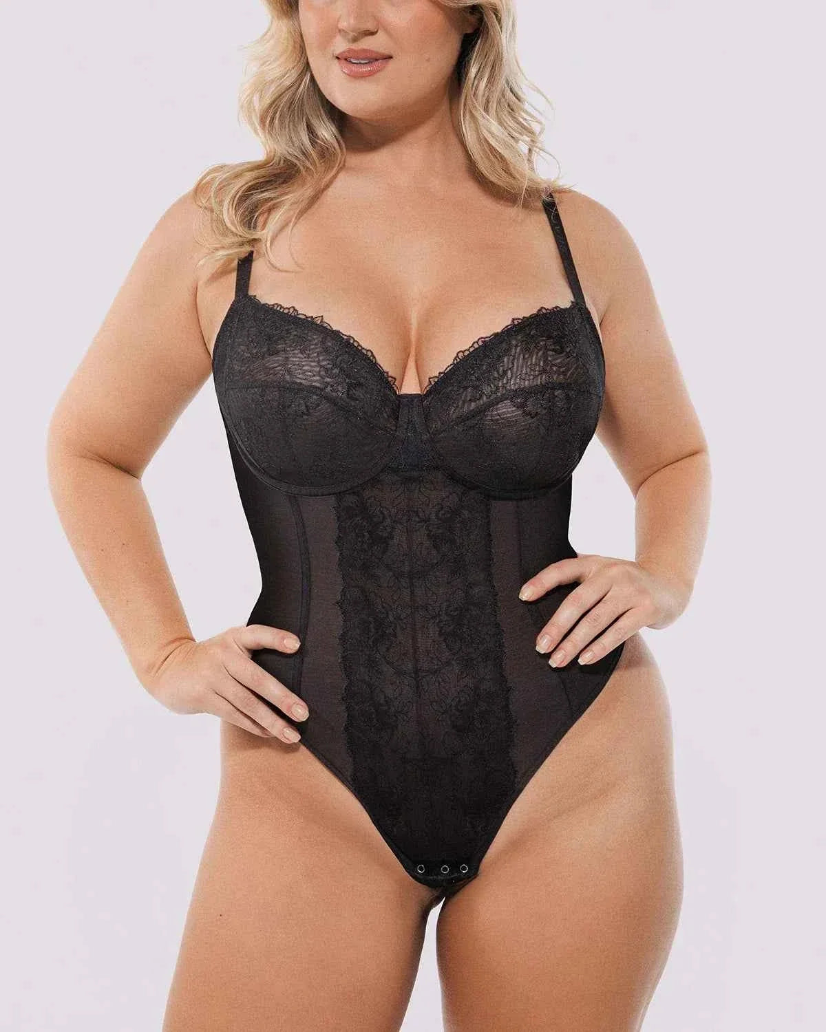 Lace Glamour Thong Bodysuit - Black Floral Lace