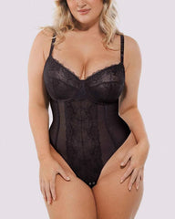 Lace Glamour Thong Bodysuit - Black Floral Lace