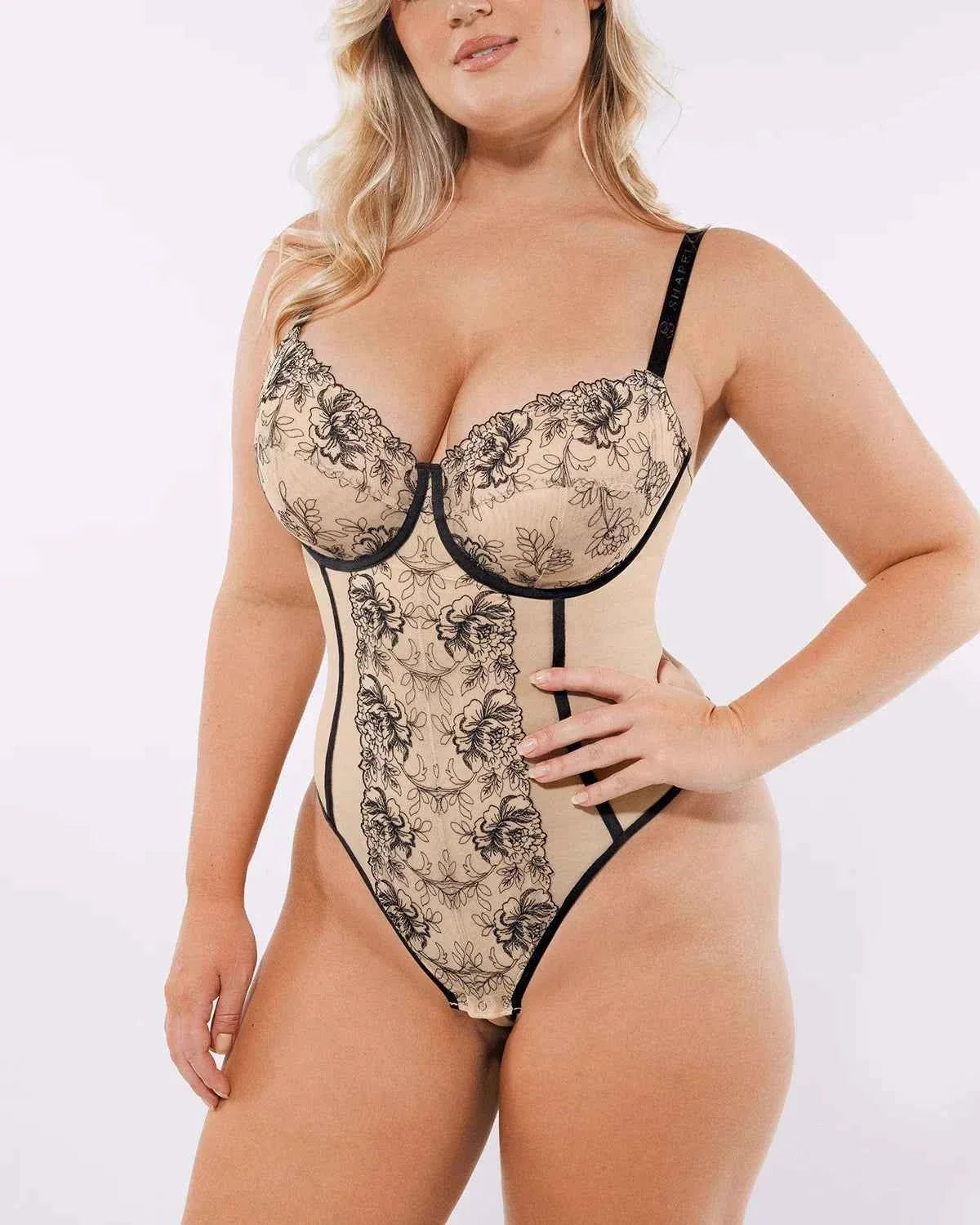 Lace Glamour Thong Bodysuit - Black Floral Lace