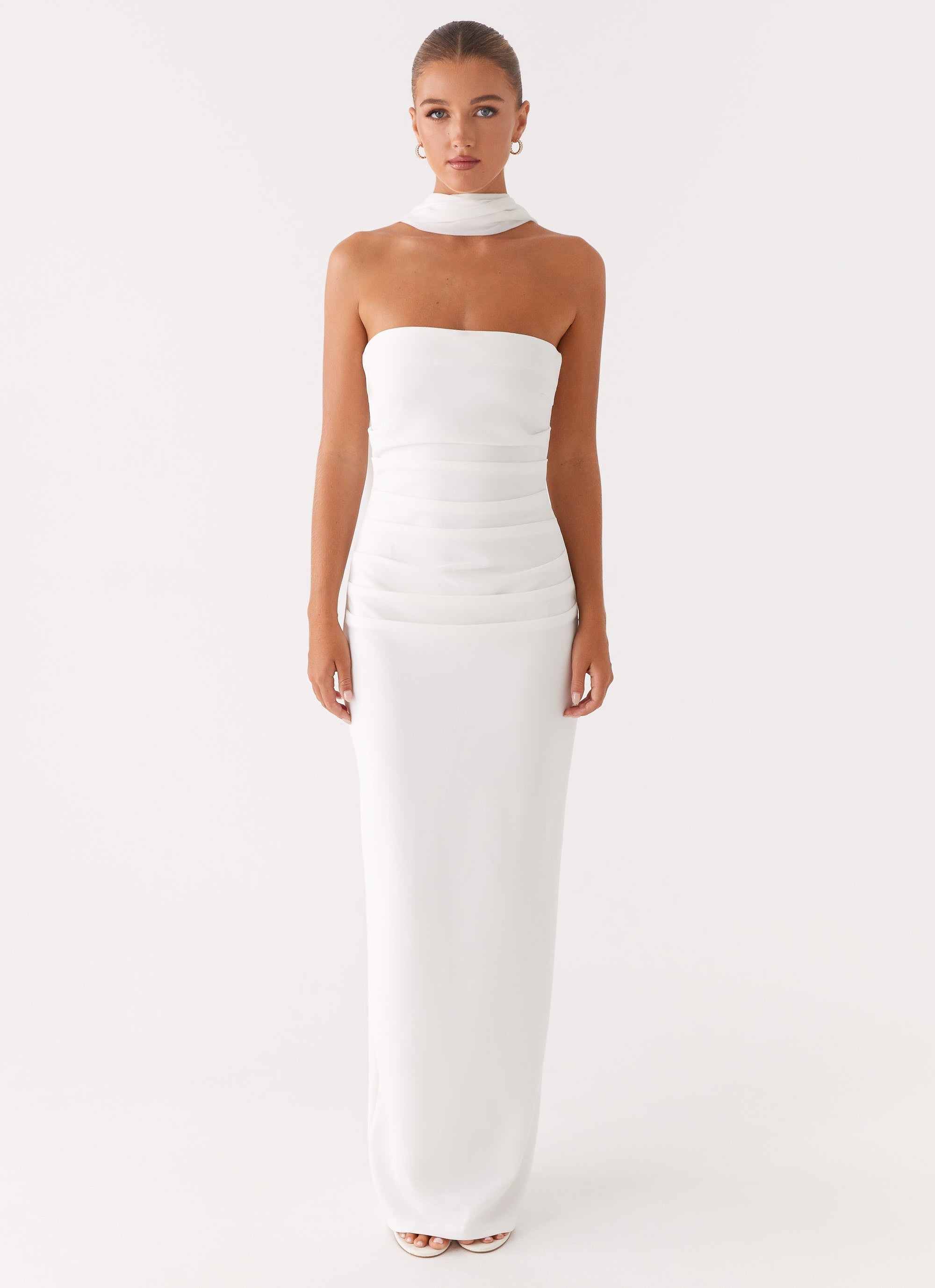 Libra Maxi Dress - White Strapless Crepe