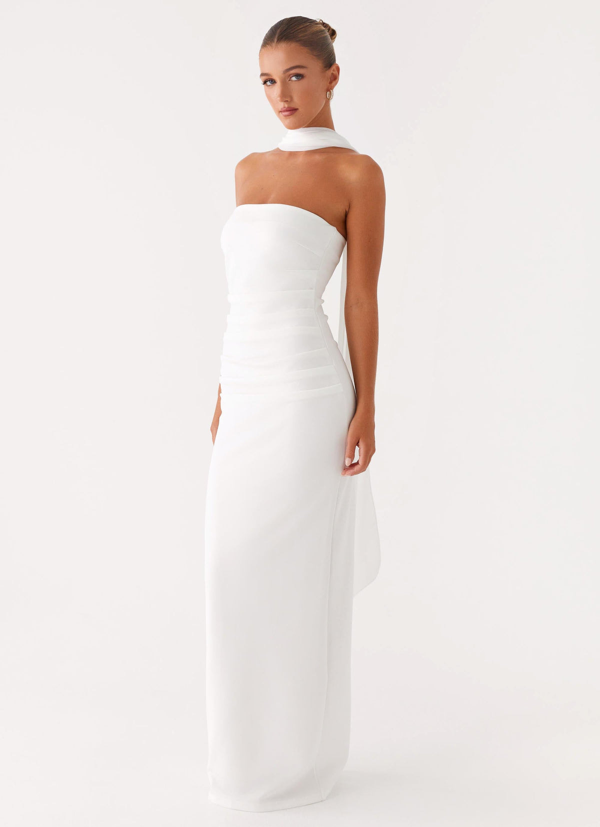 Libra Maxi Dress - White Strapless Crepe