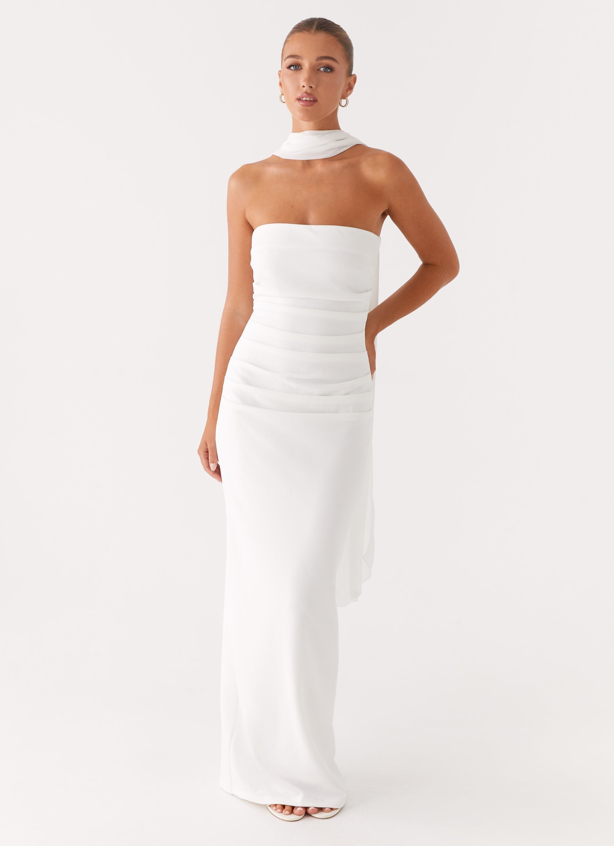 Libra Maxi Dress - White Strapless Crepe
