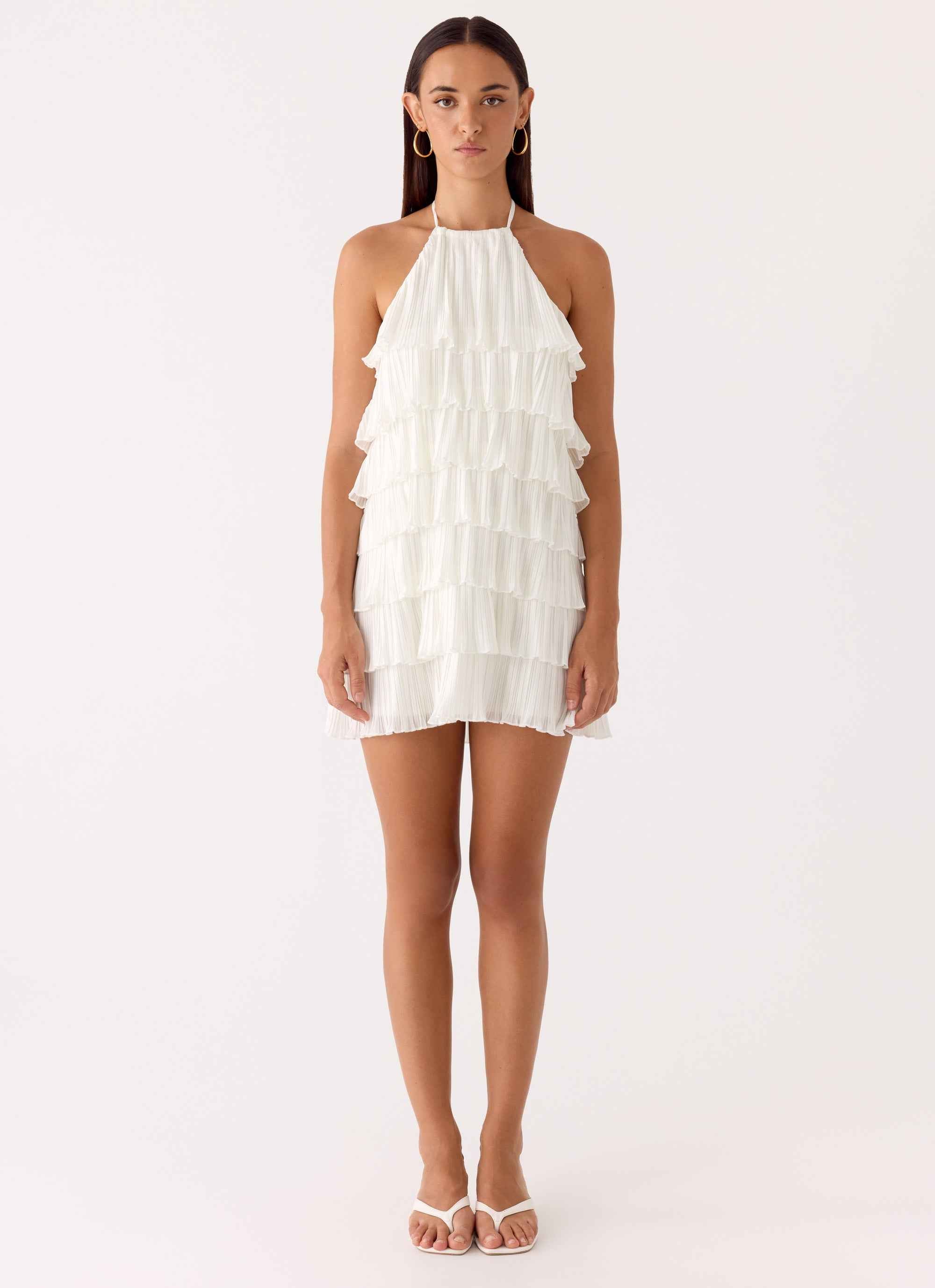 Lunar Bloom Mini Dress - Ivory Halter Neck