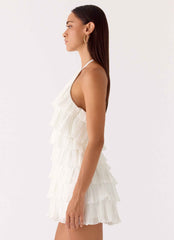 Lunar Bloom Mini Dress - Ivory Halter Neck