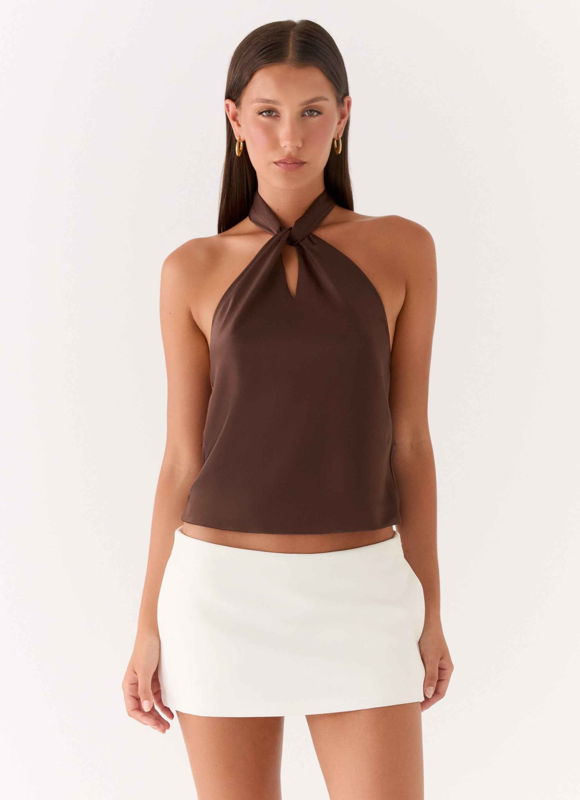 Maddox Mini Dress - Chocolate Satin Halter