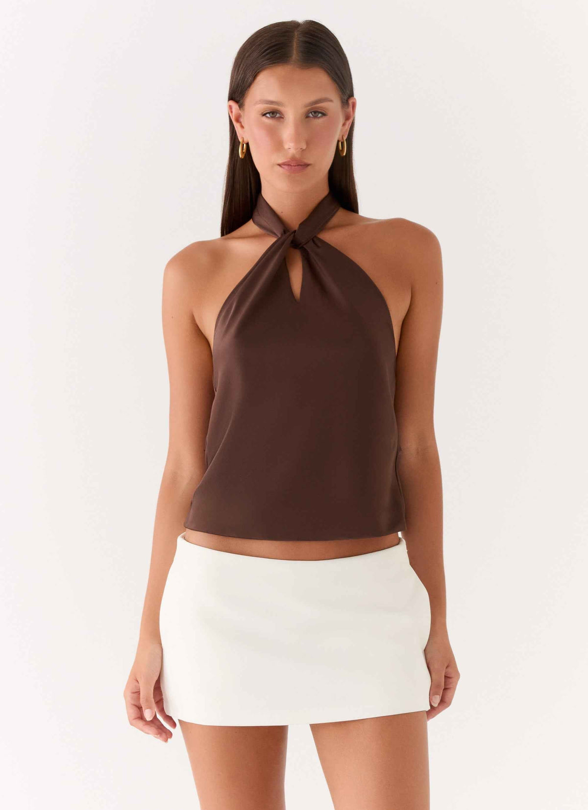 Maddox Mini Dress - Chocolate Satin Halter