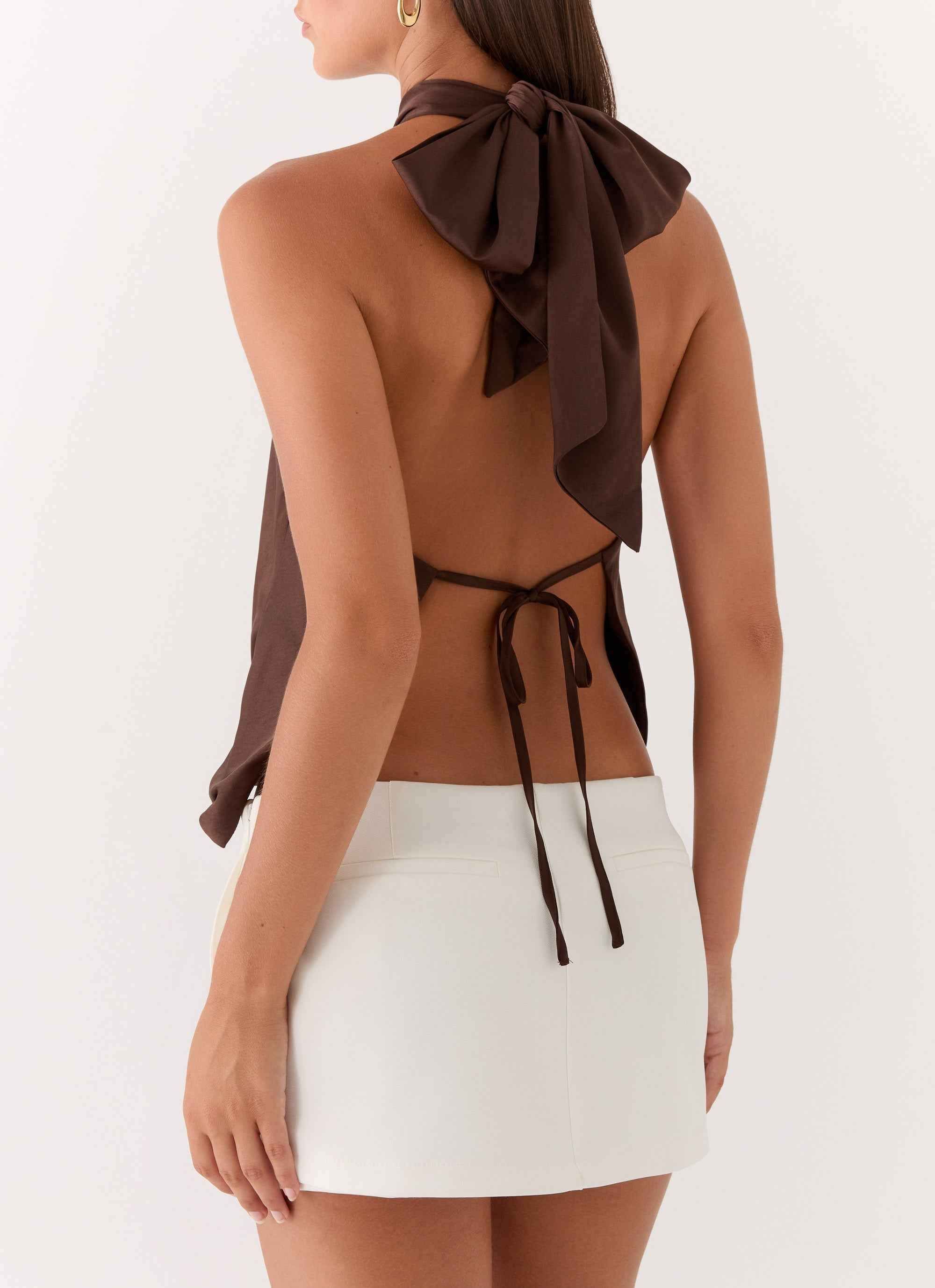 Maddox Mini Dress - Chocolate Satin Halter