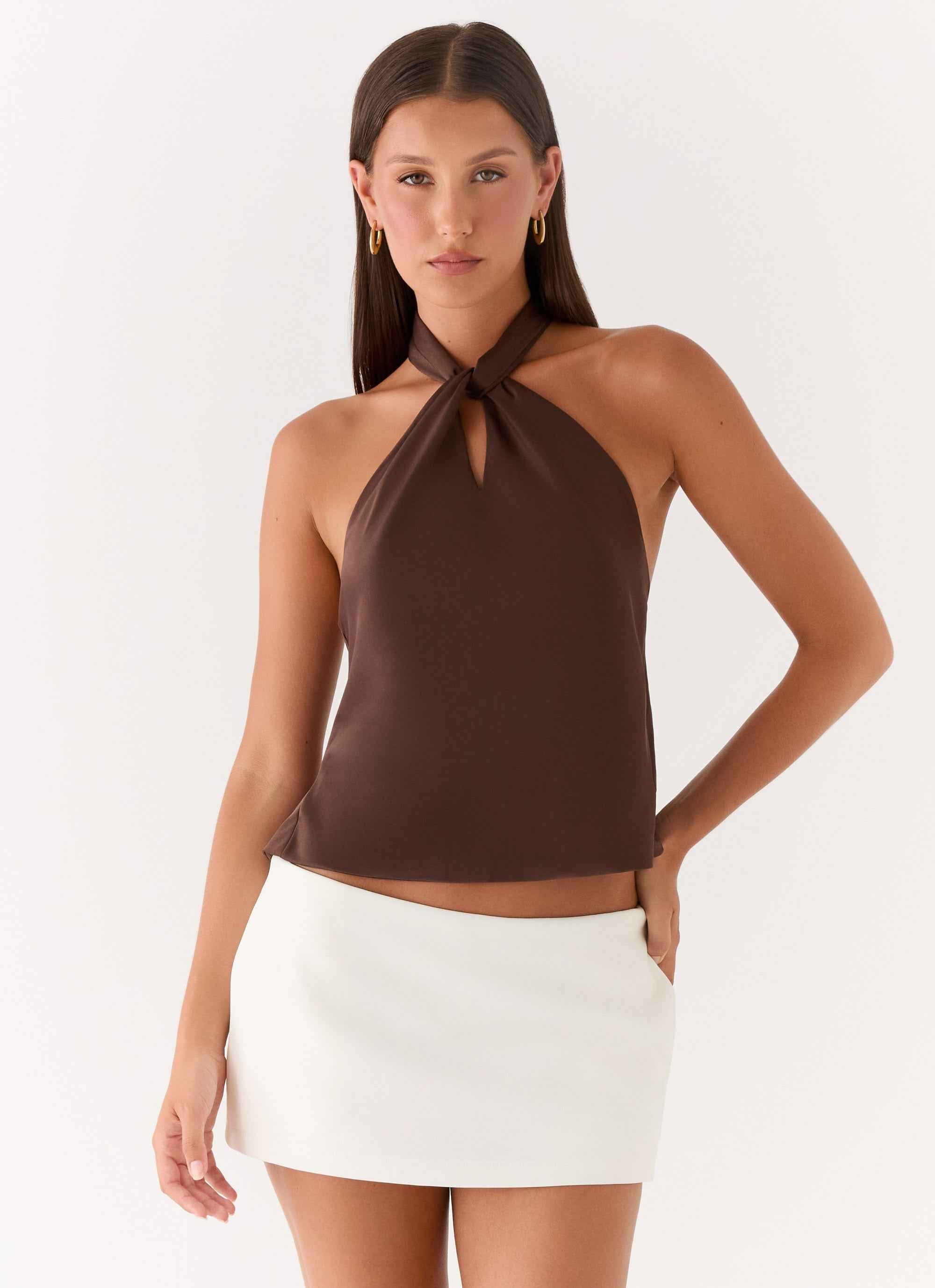 Maddox Mini Dress - Chocolate Satin Halter