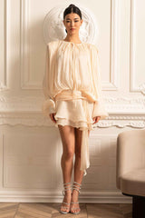 Draped Long-Sleeved Dress with Mini Skirt And Ruched Waistband - Ivoire