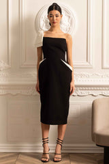 One-Shoulder Fitted Dress with White Accents - Black