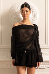 Sheer Off-Shoulder Co-Ord With Long Sleeves And Mini Skirt - Black