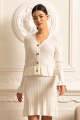 Long Sleeve Knitted Dress With Gold Buttons And Peplum Waist - White