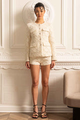 Textured Jacket With Gold Buttons And Matching Shorts - Ivoire
