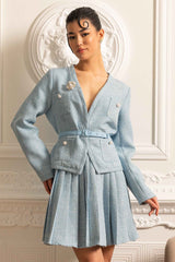 Textured Co-Ord Set With Long Sleeved Top And Matching Pleated Mini Skirt - Blue