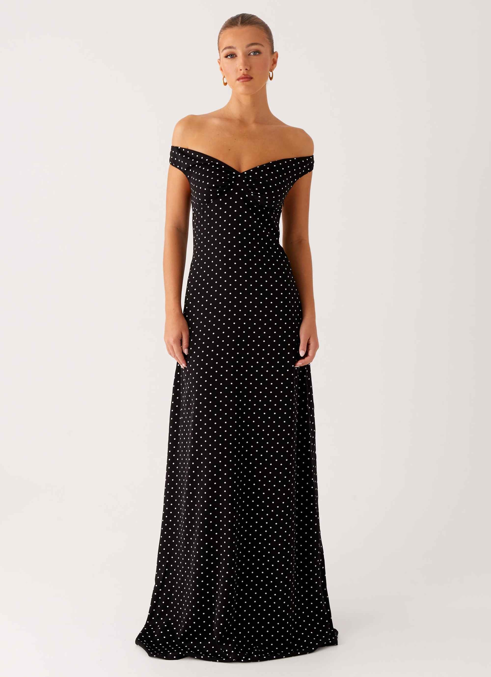 Melany Maxi Dress - Black Polka Dot Off-Shoulder