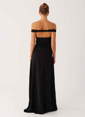 Melany Maxi Dress - Black Polka Dot Off-Shoulder