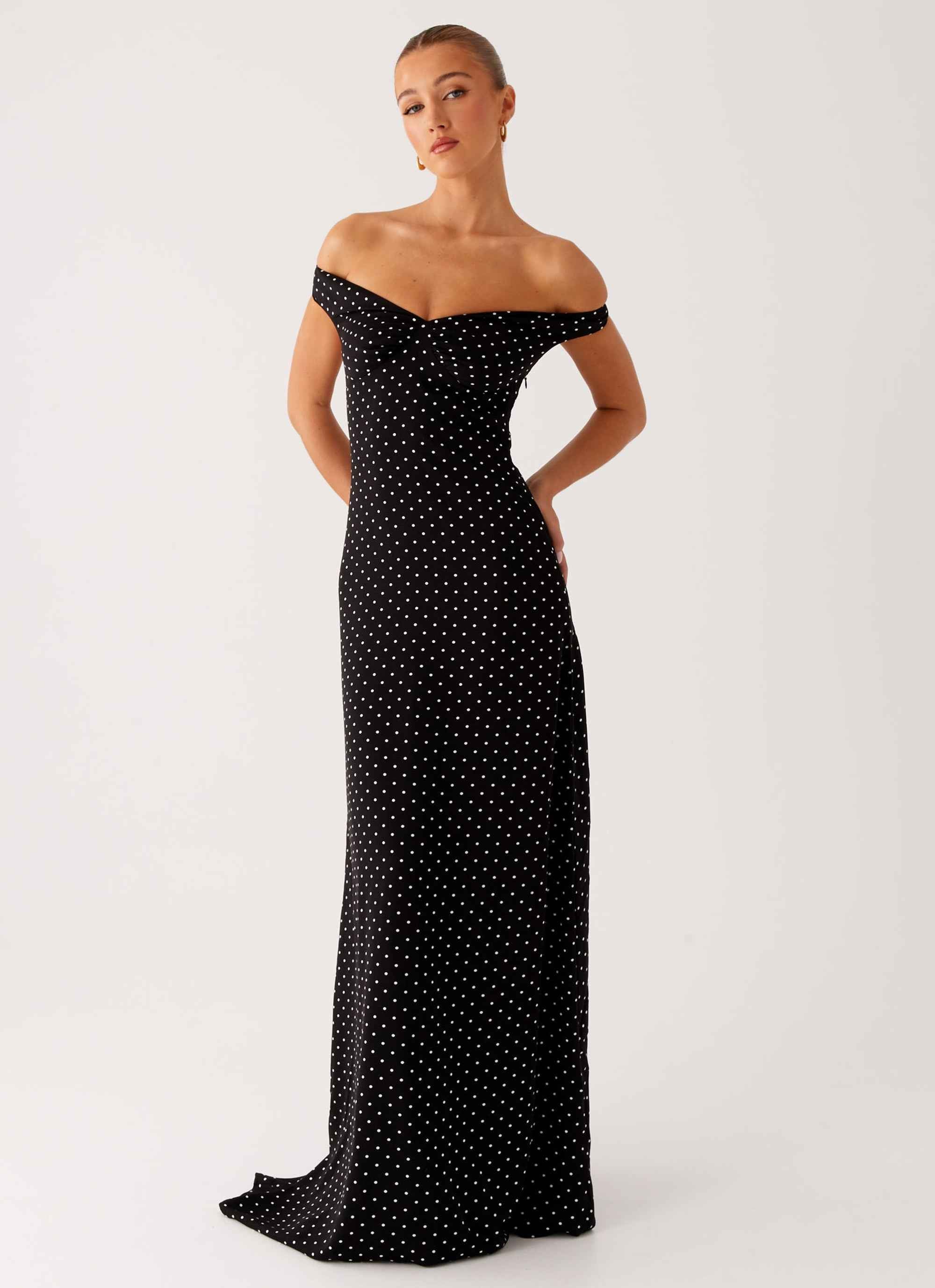 Melany Maxi Dress - Black Polka Dot Off-Shoulder