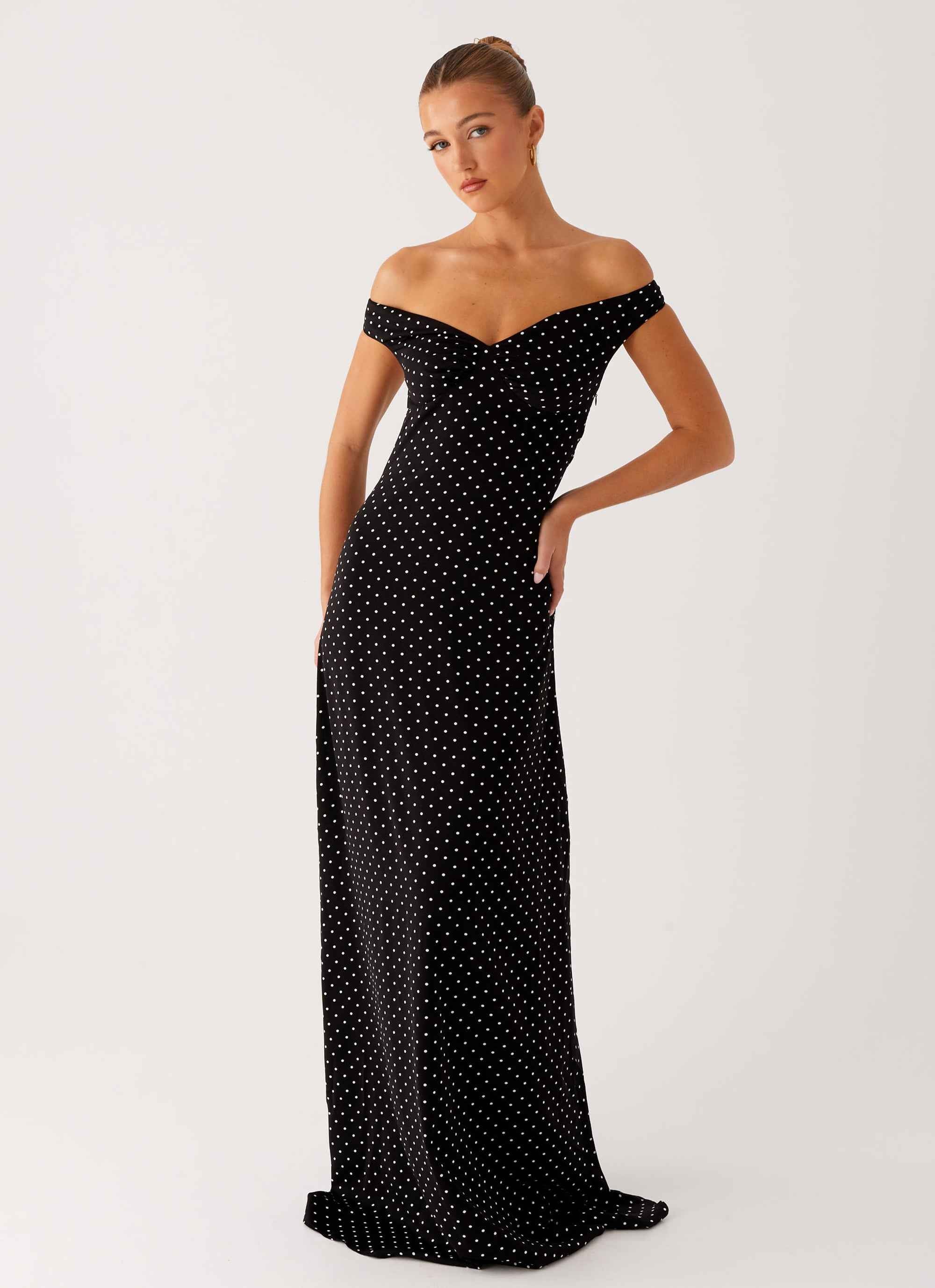 Melany Maxi Dress - Black Polka Dot Off-Shoulder