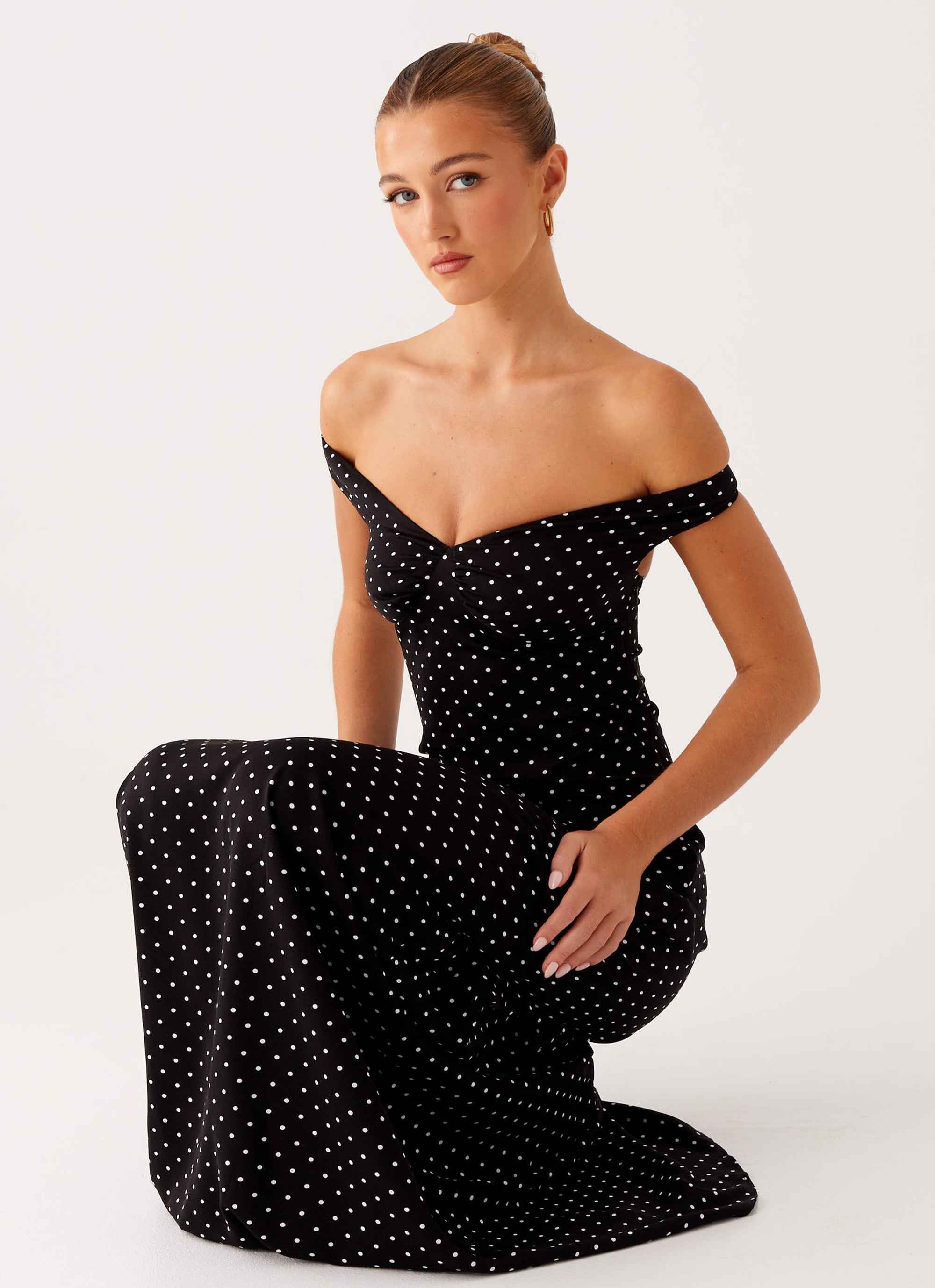 Melany Maxi Dress - Black Polka Dot Off-Shoulder