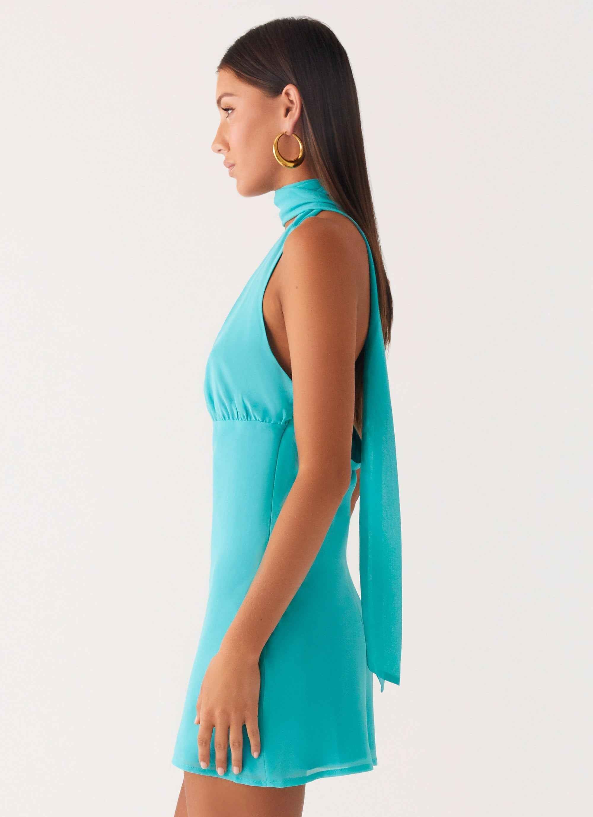 Melisande Mini Dress - Aqua Blue Scarf Neck