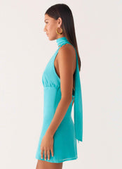 Melisande Mini Dress - Aqua Blue Scarf Neck