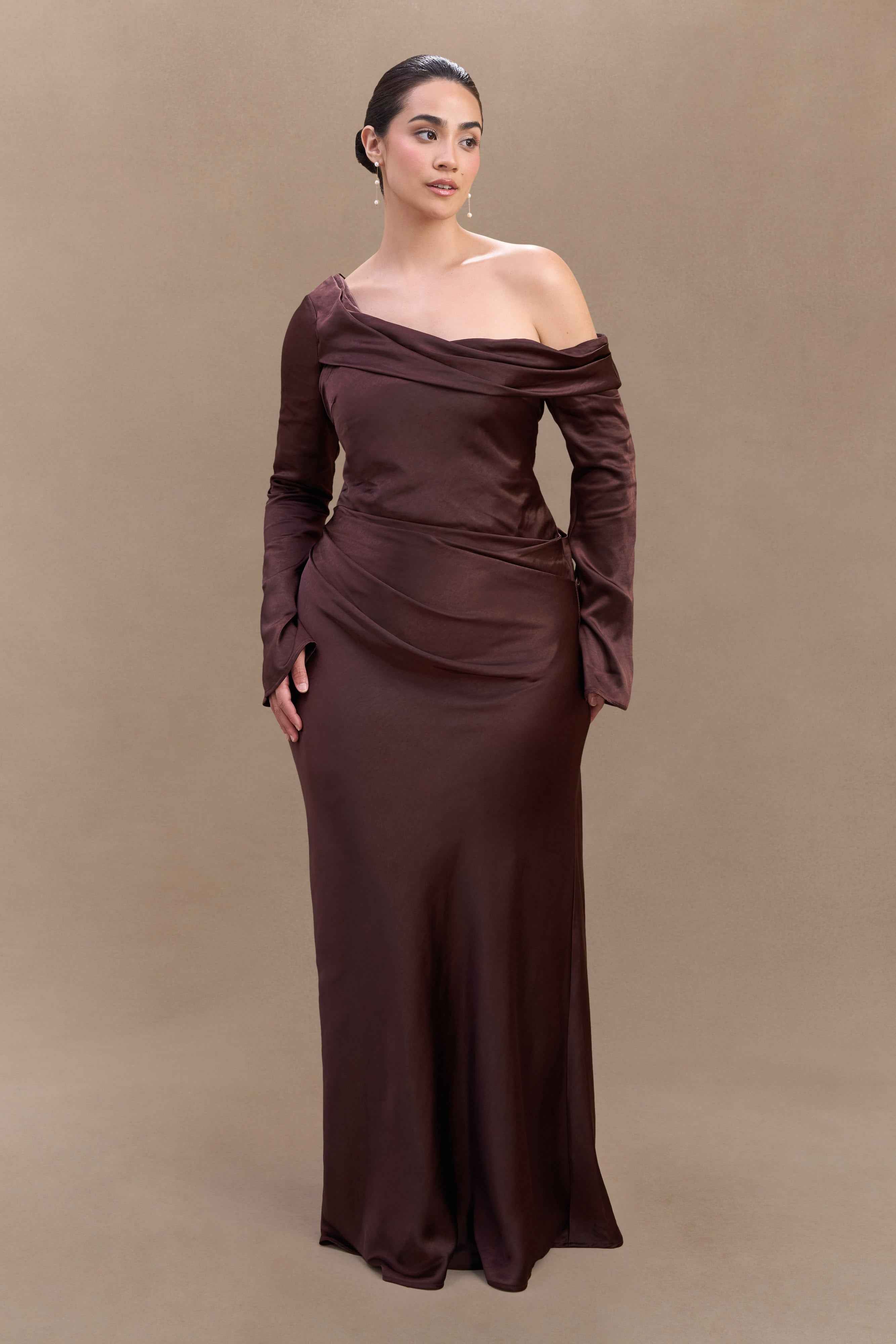 Iris Dark Chocolate Satin Maxi Dress