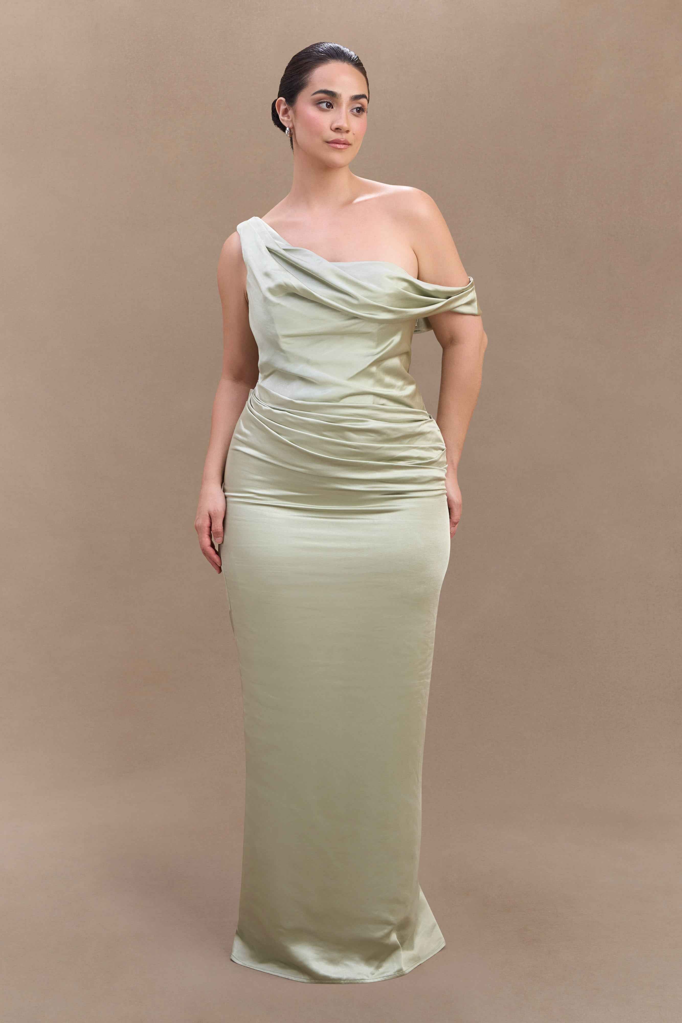 Sage Dalia Satin Off-Shoulder Maxi Dress