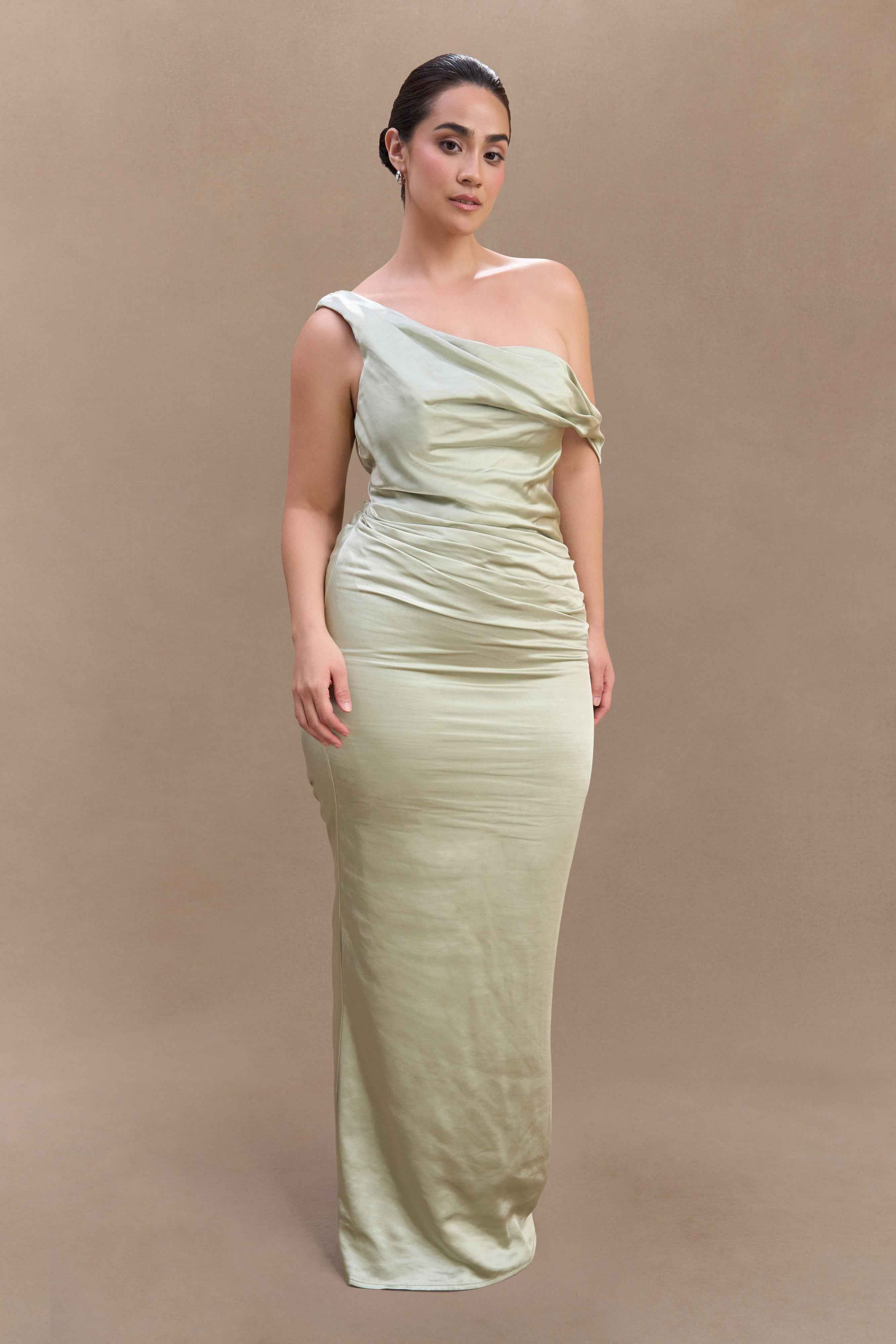 Sage Dalia Satin Off-Shoulder Maxi Dress
