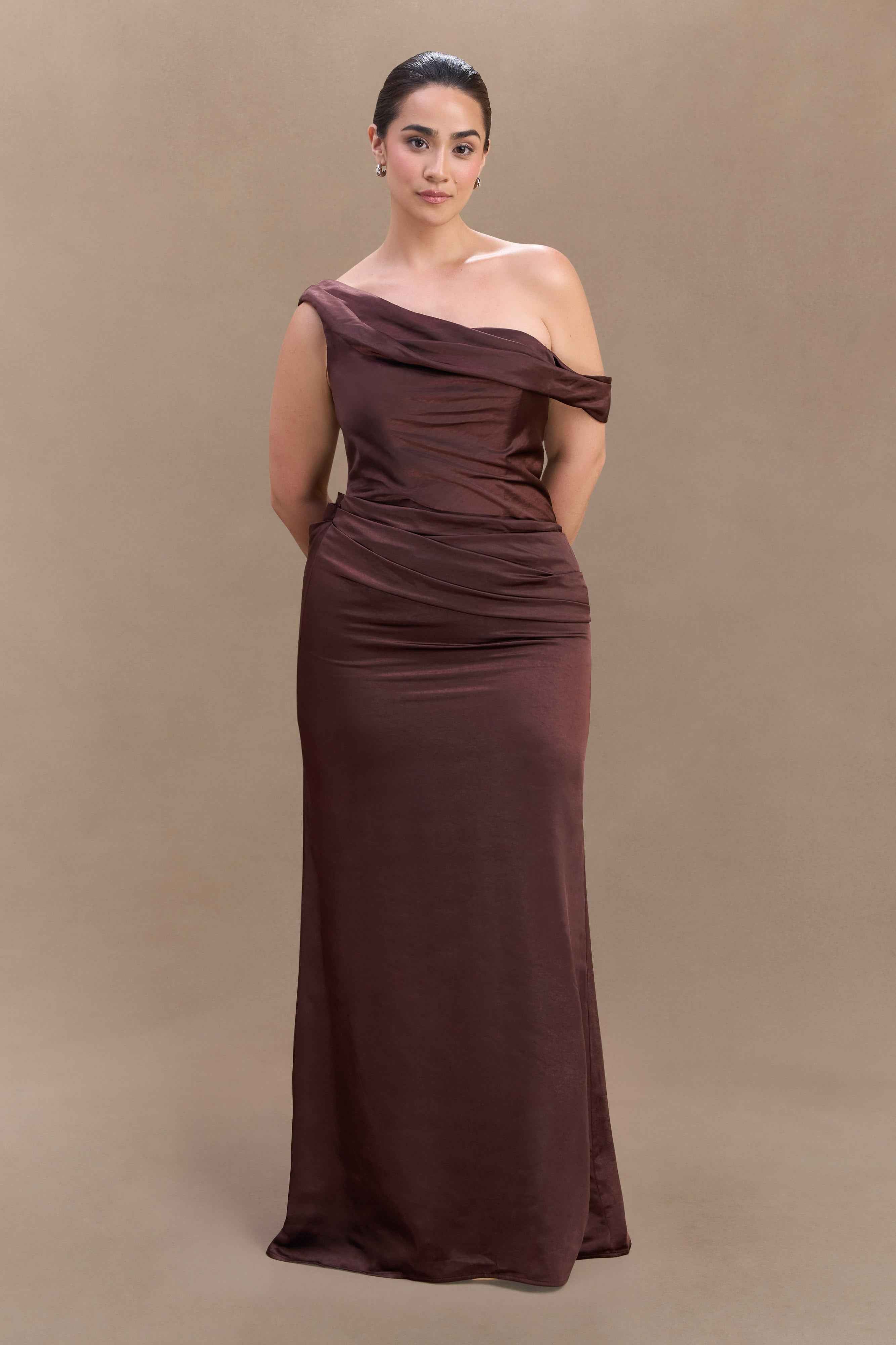 Dalia Dark Chocolate Off-Shoulder Maxi Dress