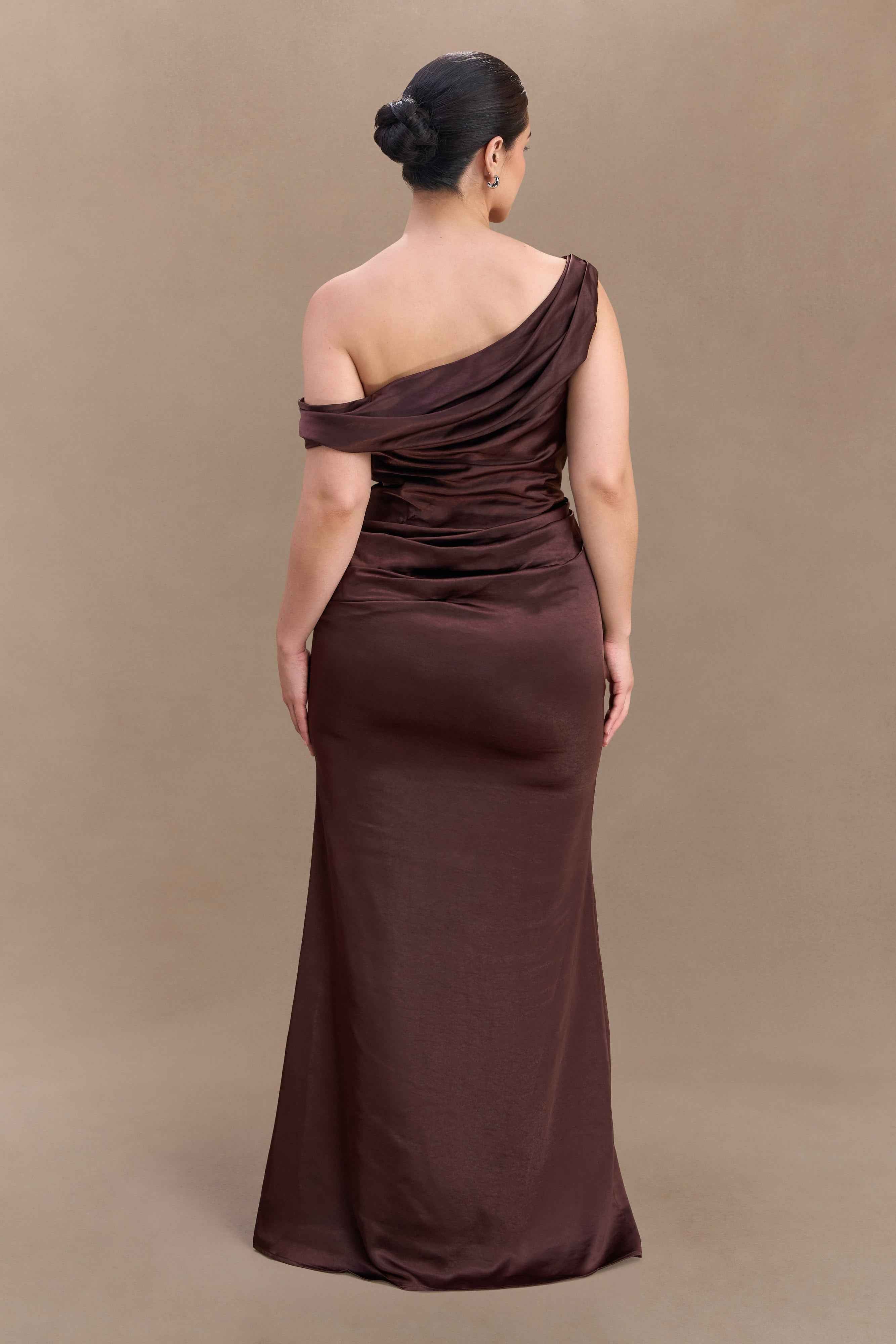 Dalia Dark Chocolate Off-Shoulder Maxi Dress