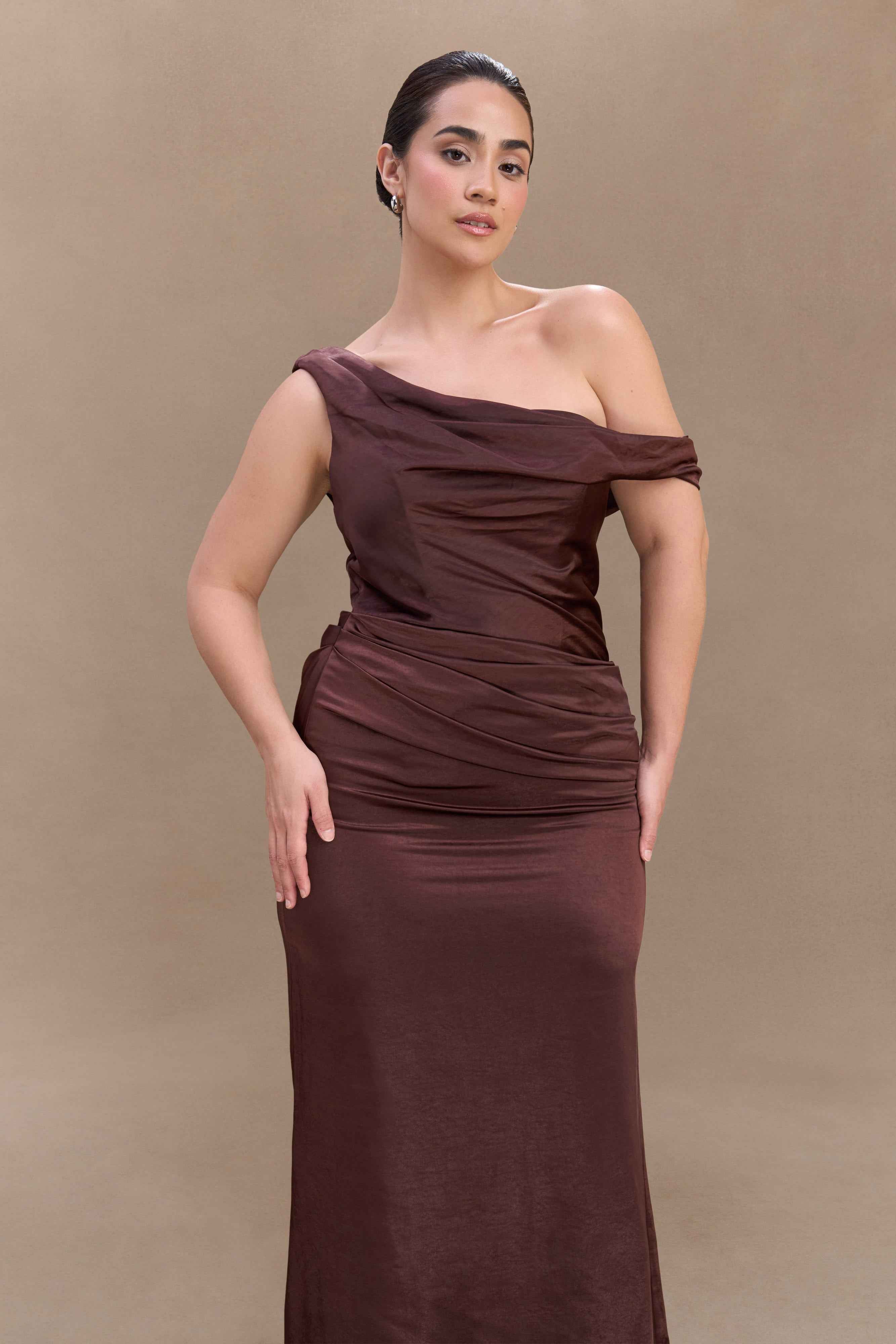 Dalia Dark Chocolate Off-Shoulder Maxi Dress