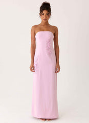 Monelise Maxi Dress - Pink Strapless Flower Appliqu