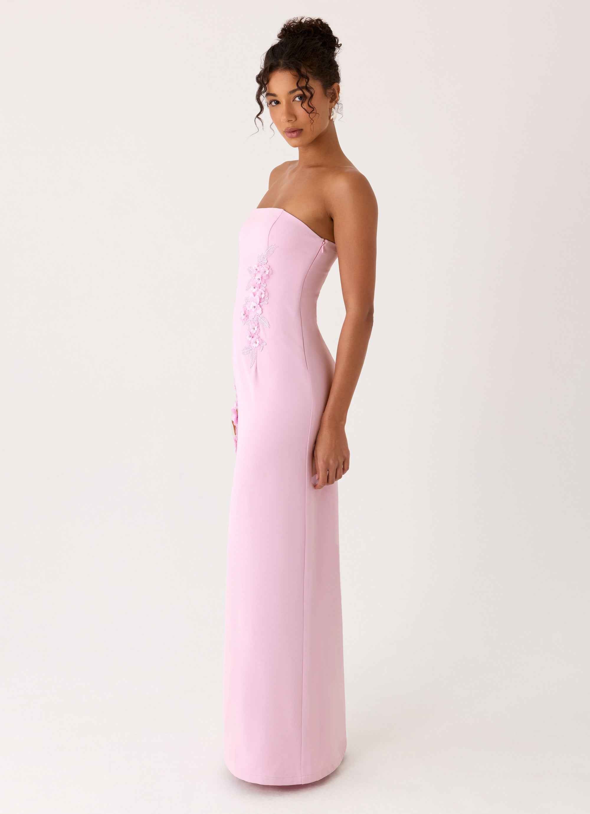 Monelise Maxi Dress - Pink Strapless Flower Appliqu