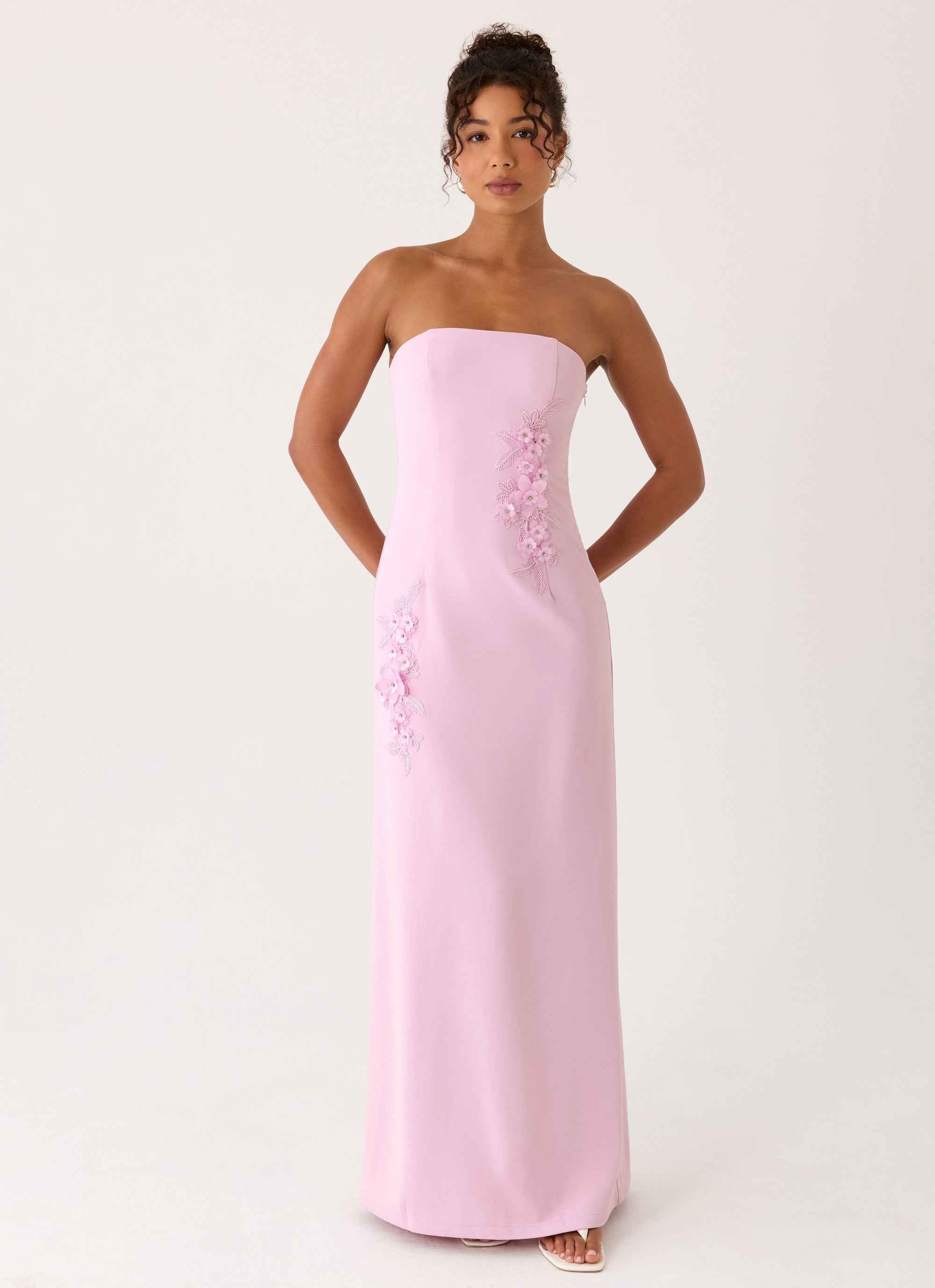 Monelise Maxi Dress - Pink Strapless Flower Appliqu