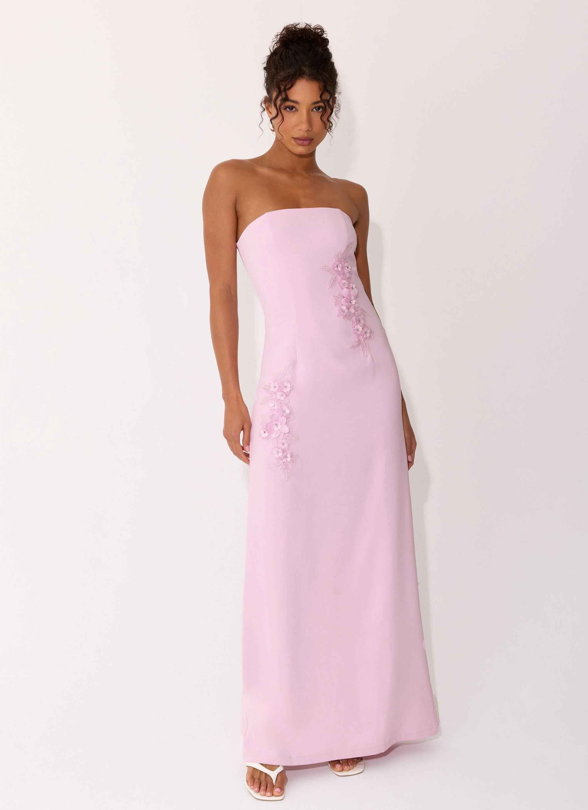 Monelise Maxi Dress - Pink Strapless Flower Appliqu