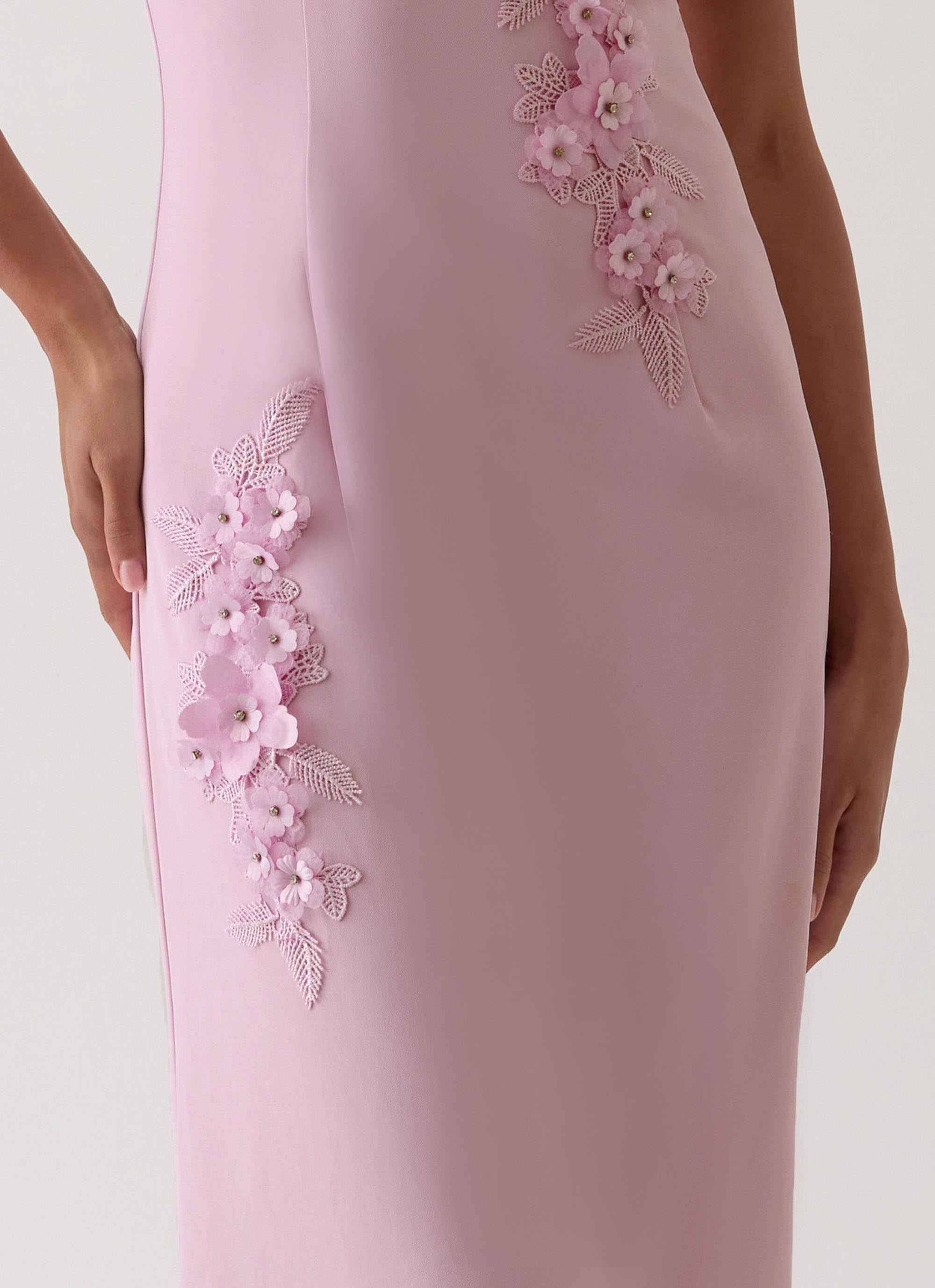 Monelise Maxi Dress - Pink Strapless Flower Appliqu