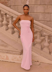 Monelise Maxi Dress - Pink Strapless Flower Appliqu