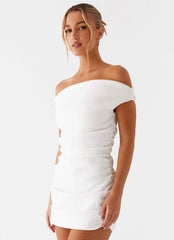 Morgan Mini Dress - Ivory Off Shoulder Ruched