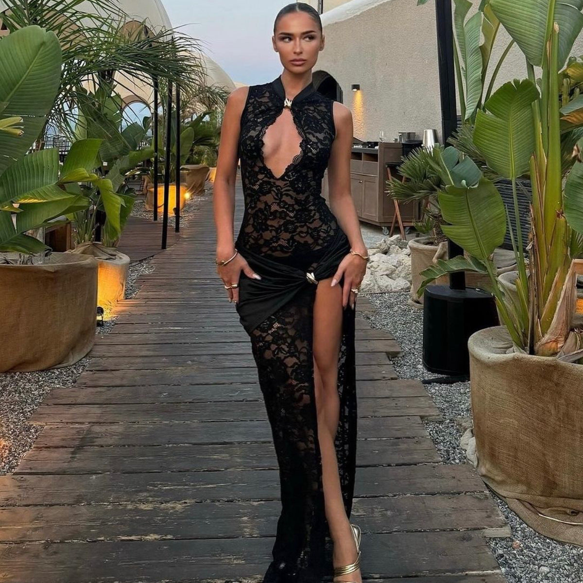 Lace Hollow High Split Sleeveless Maxi Party Dress - Black