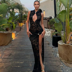 Lace Hollow High Split Sleeveless Maxi Party Dress - Black