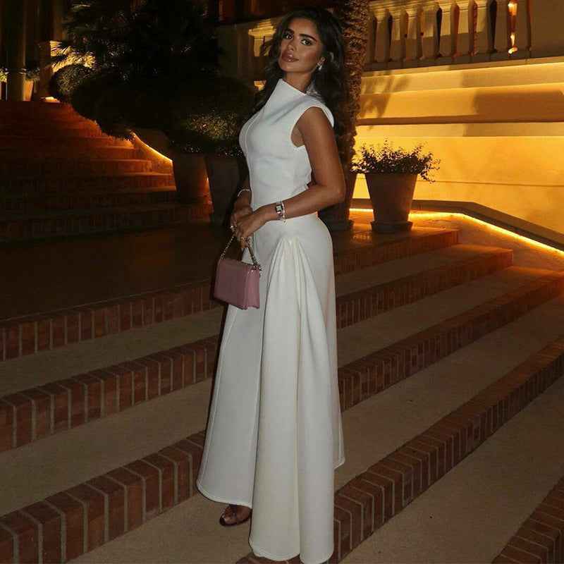 Elegant Sleeveless Midi Dress - Solid Color Waist-Cinching