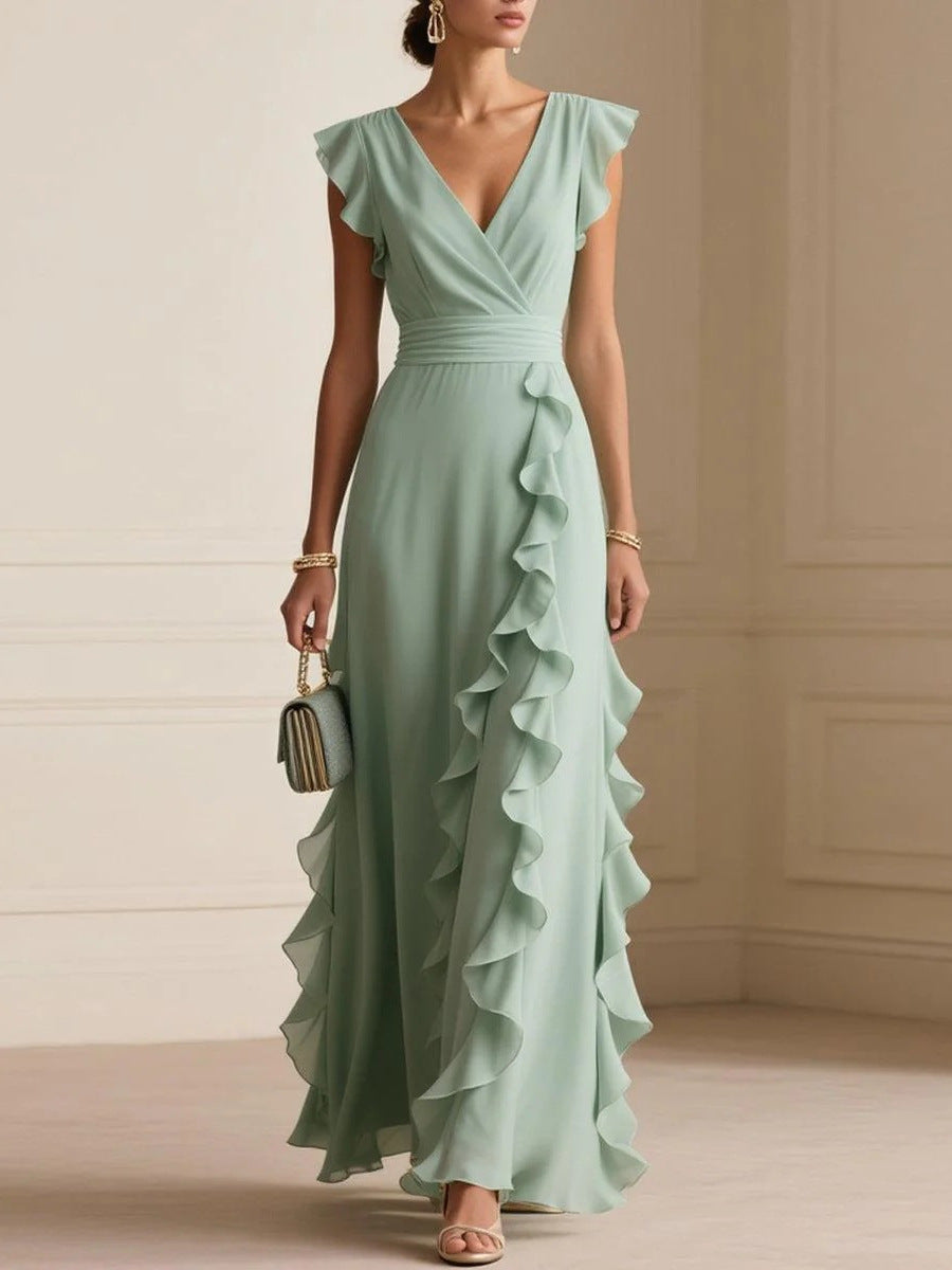 Pure Color Pleated V Neck Maxi Summer Dress - Green