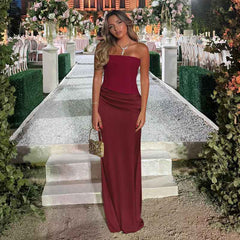 Elegant Strapless Draped Satin Maxi Dress